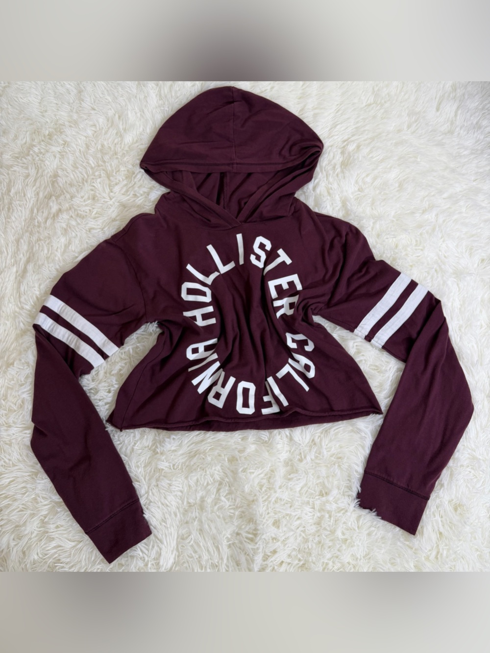 Hollister Maroon Cropped Hoodie with White Stripe Sleeves